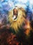 Airbrush painting of a roaring lion on a abstract cosmical back