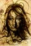 Airbrush painting Woman and black lines. Sepia color.