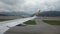 Airbus landing on runway at Hong Kong International Airport in HongKong China