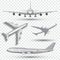 Aircraft, airplane, airliner in different point of view vector. Set of air plane front side and top illustration.