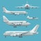 Aircraft, airplane, airliner passenger commercial, private, business jet and cargo. Modern flat style set of aircraft