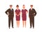 Aircraft captain, pilot assistant and stewardesses standing in uniform. Professional airplane staff or crew. Team of