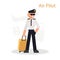 Aircraft captain in uniform with suitcase color flat illustration