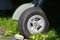 Aircraft chassis landing gear wheel. Close-up high detailed view on main landing gear of old airplane standing at museum with