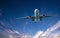 Aircraft in flight with Cirrus cloud in blue sky. Australia.