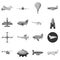 Aircraft icons set, gray monochrome style