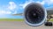 Aircraft jet engine close-up, airplane wing and chassis of landing gear wheel parked at the airport on a sky clouds background, pa
