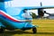 Aircraft L 410 Turbolet in flight in blue sky at sunny day in Prague