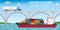 Aircraft,long truck on bridge and container ship,delivery and shipping concept banner