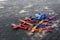 Aircraft made of foam on the asphalt in the park. Children`s toy