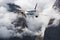 Aircraft, mountains in overcast sky. Airplane