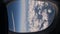 Aircraft porthole. Airplane flight, window view. Wing, blue sky and white clouds