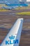 Aircraft rear wing of the Dutch airline KLM / Royal Dutch Airlines on Schiphol Airport, The Netherlands