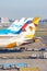 Aircraft rear wings of parked Airlines on Schiphol Airport, The Netherlands