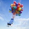 Aircraft seat flying on a bunch of balloons. Happy and safe airplane travel, free flight as a gift concept