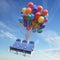 Aircraft seat flying on a bunch of balloons. Happy and safe airplane travel, free flight as a gift concept