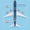 Aircraft seats plan top view. Business and economy classes airplane indoor information map. Vector illustration