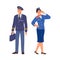 Aircraft staff, stewardess and airplane pilot crew