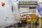 Aircraft stands on repair in aviation hangar