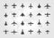 Aircraft top view icon set. Set of black silhouette airplanes, jets, airliners and retro planes icons. Isolated vector