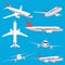 Aircraft transport. Passenger flight jet airplane, aviation vehicles, flying airline airplanes isolated vector