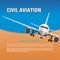 Aircraft vector background. Banner, poster, flyer, card with a flying airplane half-face against the blue sky, and text