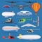 Aircraft vector drone jet and airship helicopter and airplane flight transportation in sky illustration aviation set of