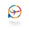 Aircraft vector silhouette isolated in the circle. Airplane symbol, rainbow modern style of color. Logotype for travel