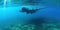 Aircraft wreck underwater with propeller engines. AI generative illustration