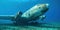 Aircraft wreck underwater with turbine engines. AI generative illustration