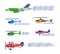 Aircrafts flying with advertising banners. Blank horizontal banner pulled by airplanes and helicopters set cartoon