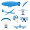 Aircrafts icons set on white background. Parachute, airship, Hang-glider, airplane, Trike, glider, Paraplane.