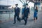 Aircrew in medical masks walking on the street