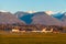 Airdrome of Sochi International Airport on background of mountains