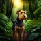 Airedale Terrier stands in a green forest. High quality photo generative AI