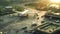 an airfield with the slow landing of planes, detail of the aircraft and surrounding infrastructure, that emphasizes the