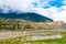 The airfield track of Jomsom airport with Annapurna peaks in the background