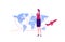Airline crew team concept. Vector flat person illustration. Woman in red and blue stewardess uniform with planet earth map and