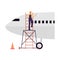 Airline engineer climbing plane for maintenance, vector illustration isolated.