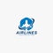 Airline logo design vector. Airplane abstract symbol. Blue plane in hexagon with fast vector icon.