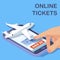 Airline online tickets mobile app isometric vector concept