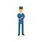 Airline pilot in blue uniform standing with folded hands, aircraft captain vector Illustration