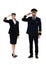 Airline pilot and flight attendant standing and saluting