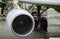 Airliner being prepared for boarding aircraft airplane turbine detail