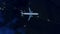Airliner in night sky above countryside top view