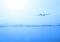 Airliner over the lake and dark forest. Transport