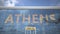 Airliner reflecting in the windows of airport terminal with ATHENS text. 3d rendering