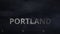 Airliner taking off from the airport runway and PORTLAND city name, 3d animation