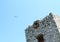 Airplane above tower of Castle Devicky on Palava