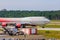 Airplane at the airport. The movement of the aircraft. . The plane goes to the airport. Russia, St. Petersburg Pulkovo Airport,